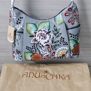 Anuschka Leather Hand-Painted Floral Hobo Bag 7082 Gray w/ Wallet & Dust Bag NEW